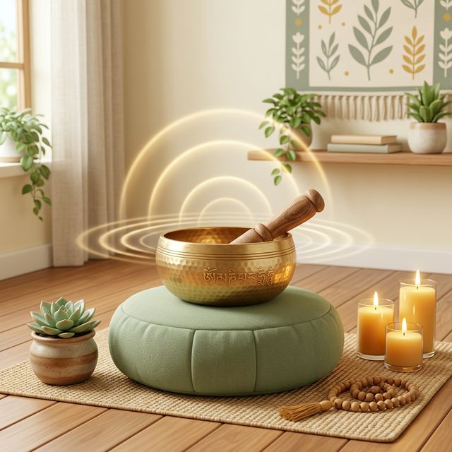 Không gian thiền định yên bình với chuông xoay vàng trên đệm thiền xanh sage - minh hoạ 3D