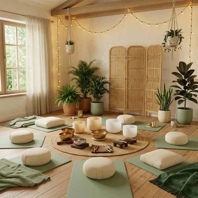 Không gian tắm âm thanh sound bath với chuông xoay, đệm thiền và đèn trang trí ấm áp