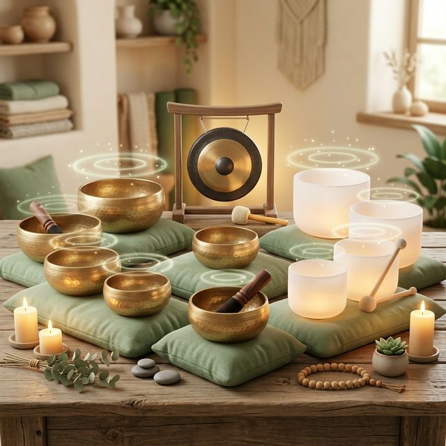 Chuông xoay Tây Tạng và chuông ngọc thạch anh bày trí trên đệm xanh sage cho buổi âm thanh trị liệu
