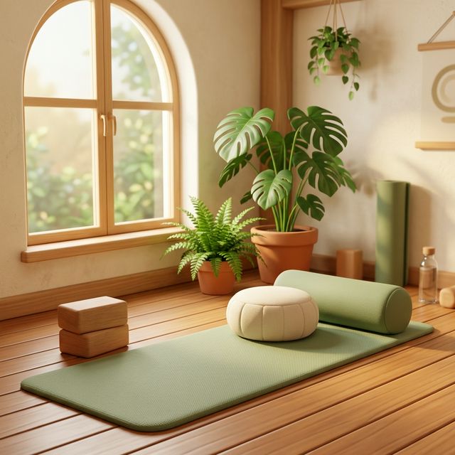 Không gian thực hành yoga yên tĩnh với thảm xanh, gối thiền và ánh sáng tự nhiên
