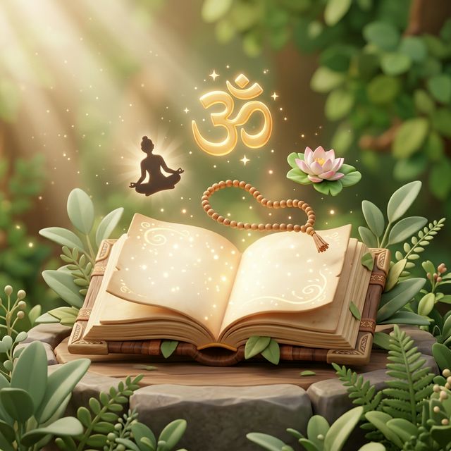Kiến thức yoga - sách cổ với biểu tượng Om, hoa sen và chuỗi mala trong rừng xanh