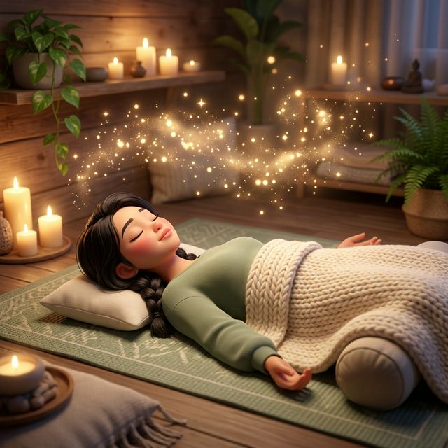 Cô gái trẻ nằm Savasana trong không gian ấm áp với ánh nến và chăn mềm - Yoga Nidra minh hoạ 3D